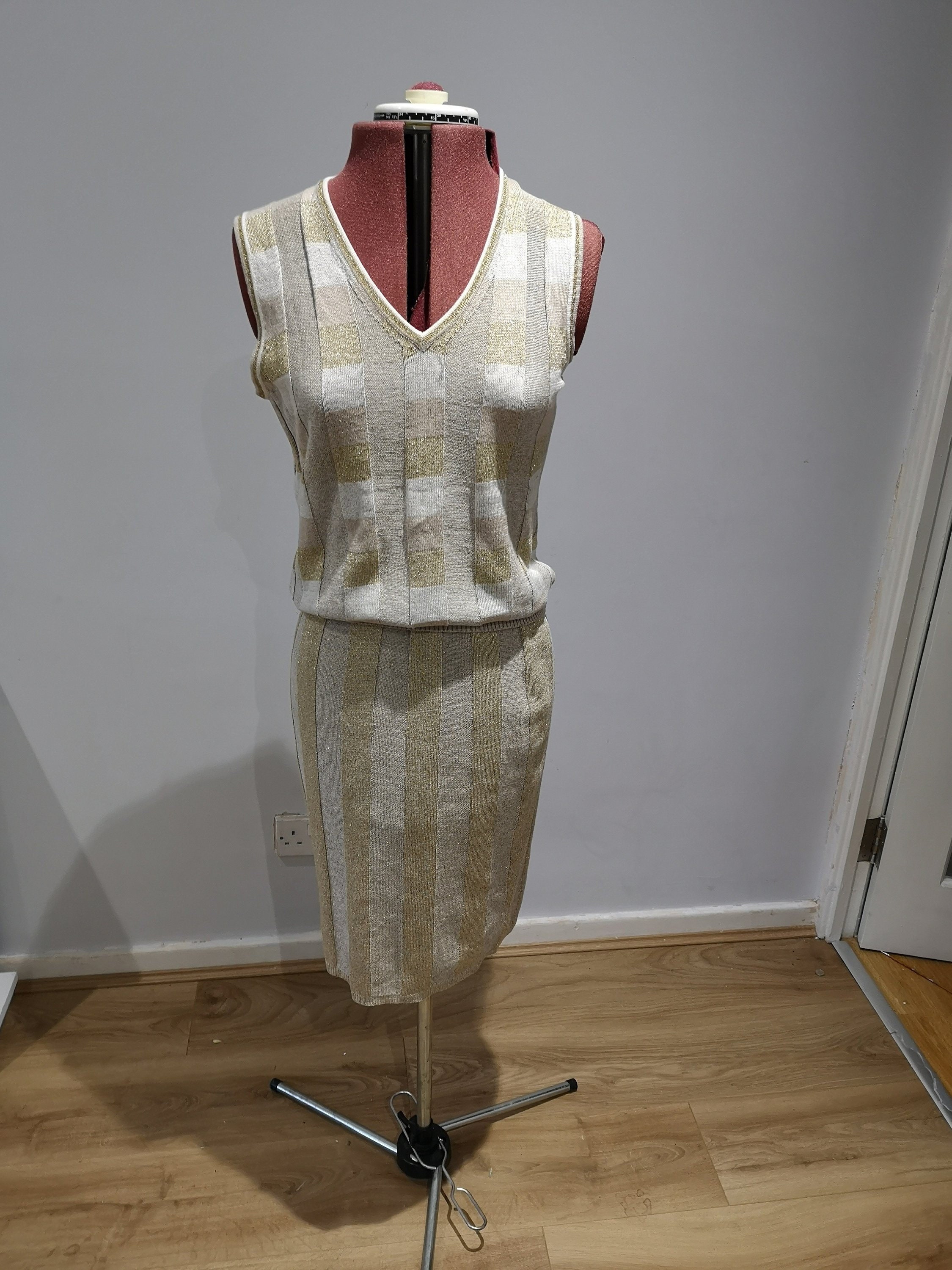 Image of Vintage Gold Knitted Two Piece Set, 's Freis Spirit By Diane Freis, Skirt, Top, Vest, Tank Uk Size