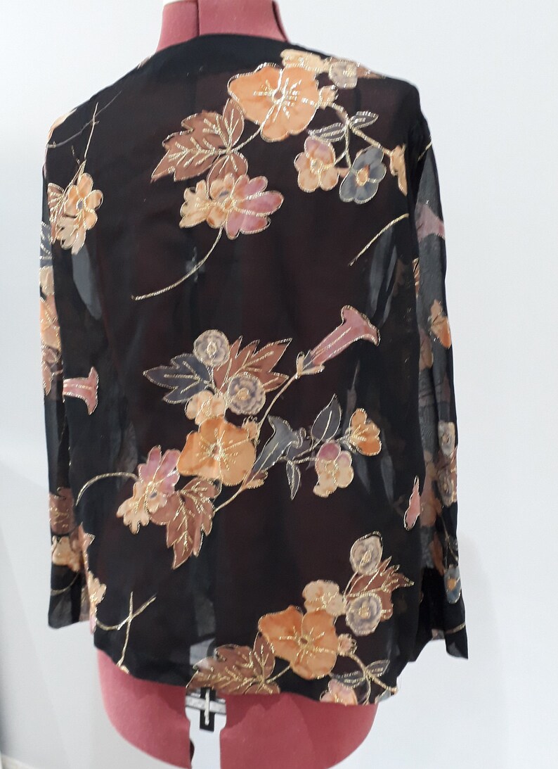Black sheer jacket cover up vintage gold thread floral Etsy