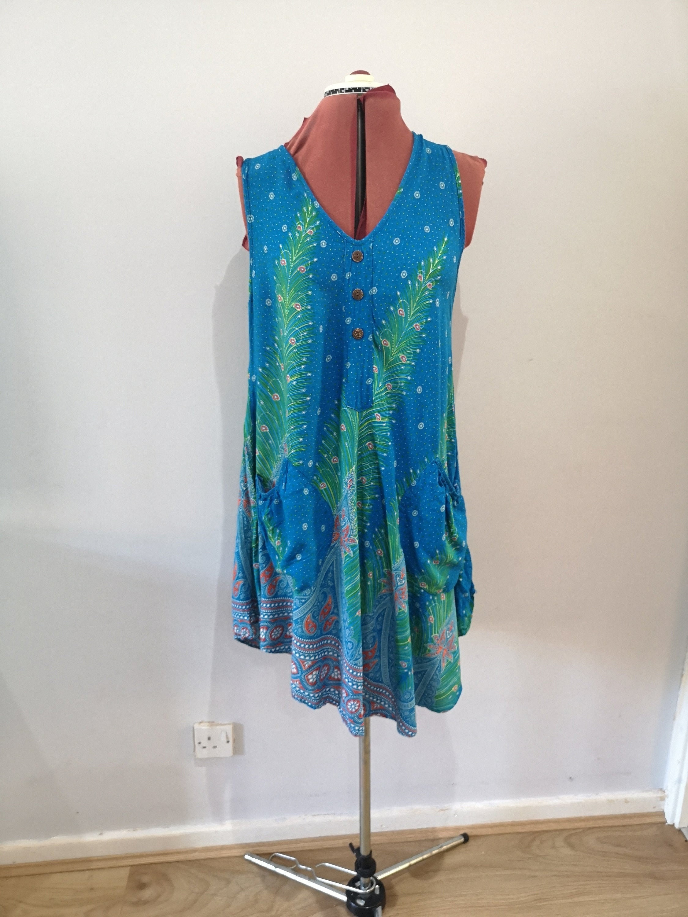 Image of Vintage 's Beach Dress, Boho Peacock Print Sleeveless Summer Button Front Vest Hippy One Size