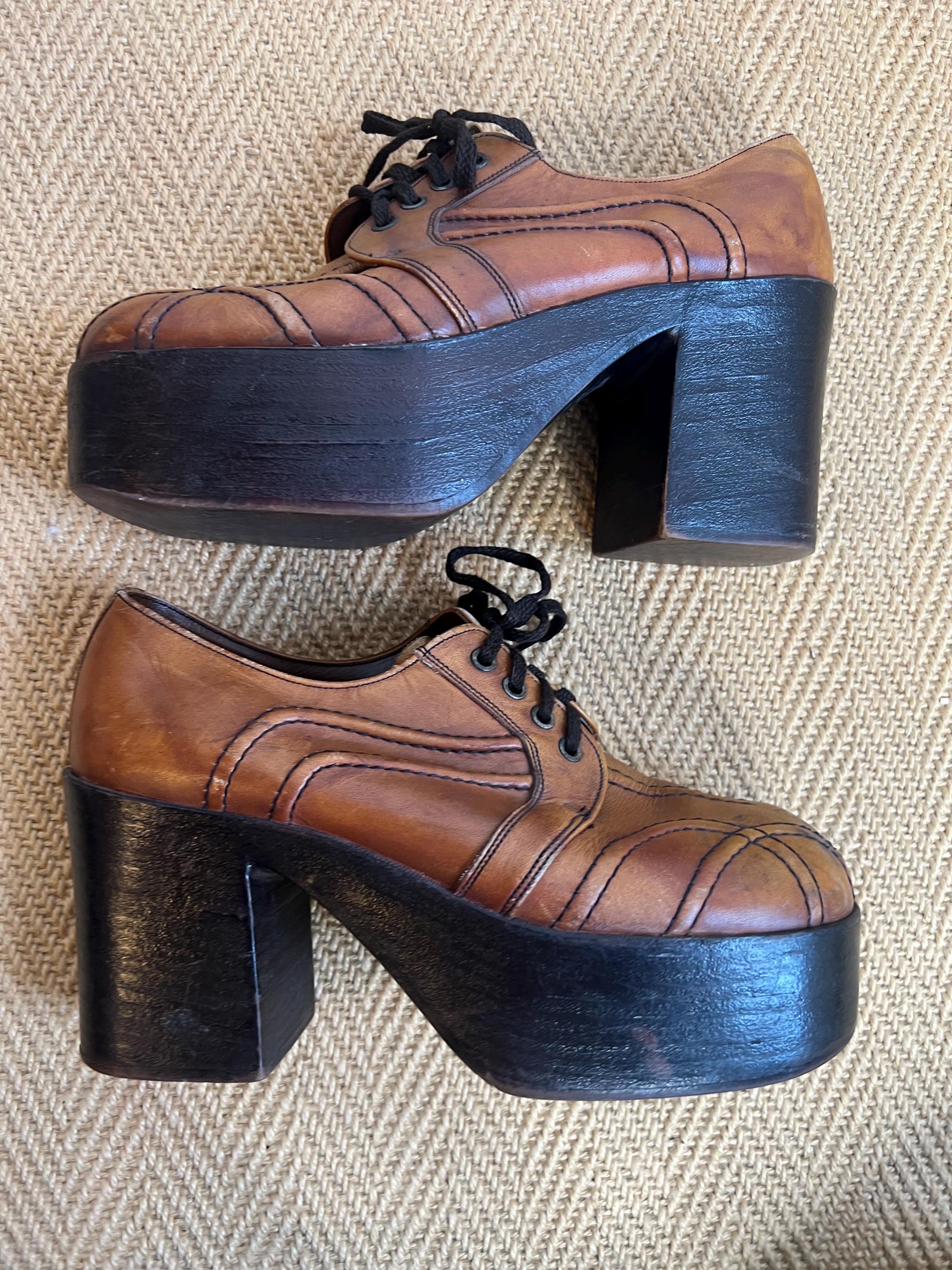 VTG 1970’s Tan & Brown Disco Platform Shoes 8 D Vintage Men main image 4