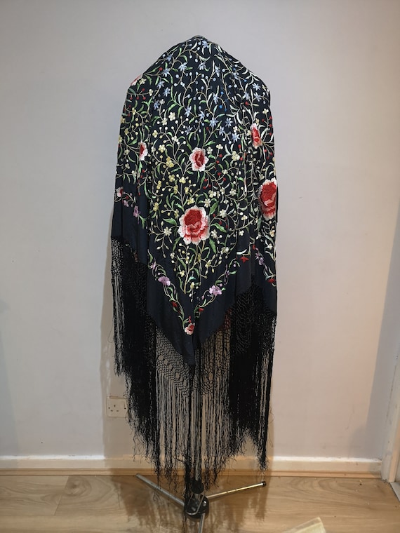 Vintage embroidered fringed piano shawl, floral fr