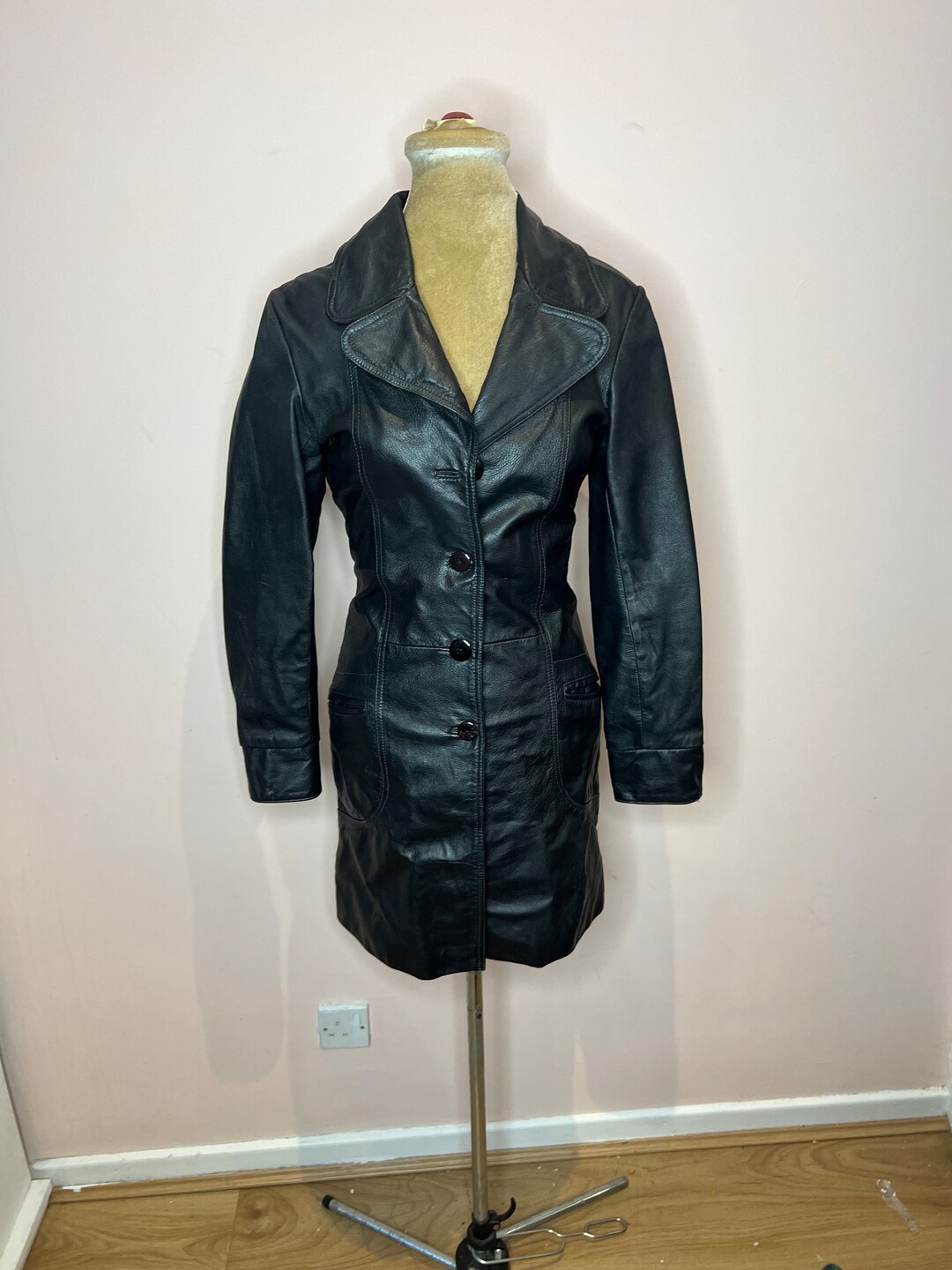 Vintage 90's Jeffrey Rogers Black Leather Trench Coat, Long Black