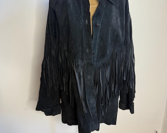 Vintage Black Suede Fringe Jacket: Oversized Western Shirt UK 12-14
