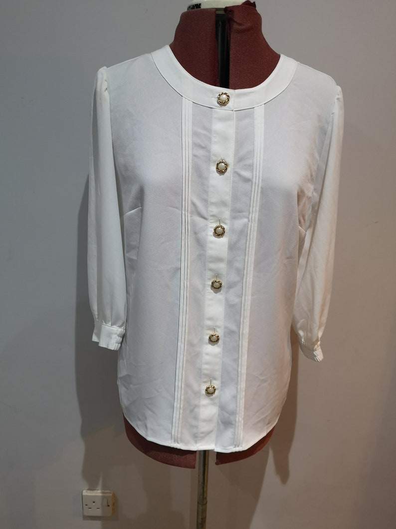 90/'s womens collarless white shirt with pearl effect and gold buttons 1990/'s vintage ivory blouse elasticated cuffs 34 sleeves UK 12