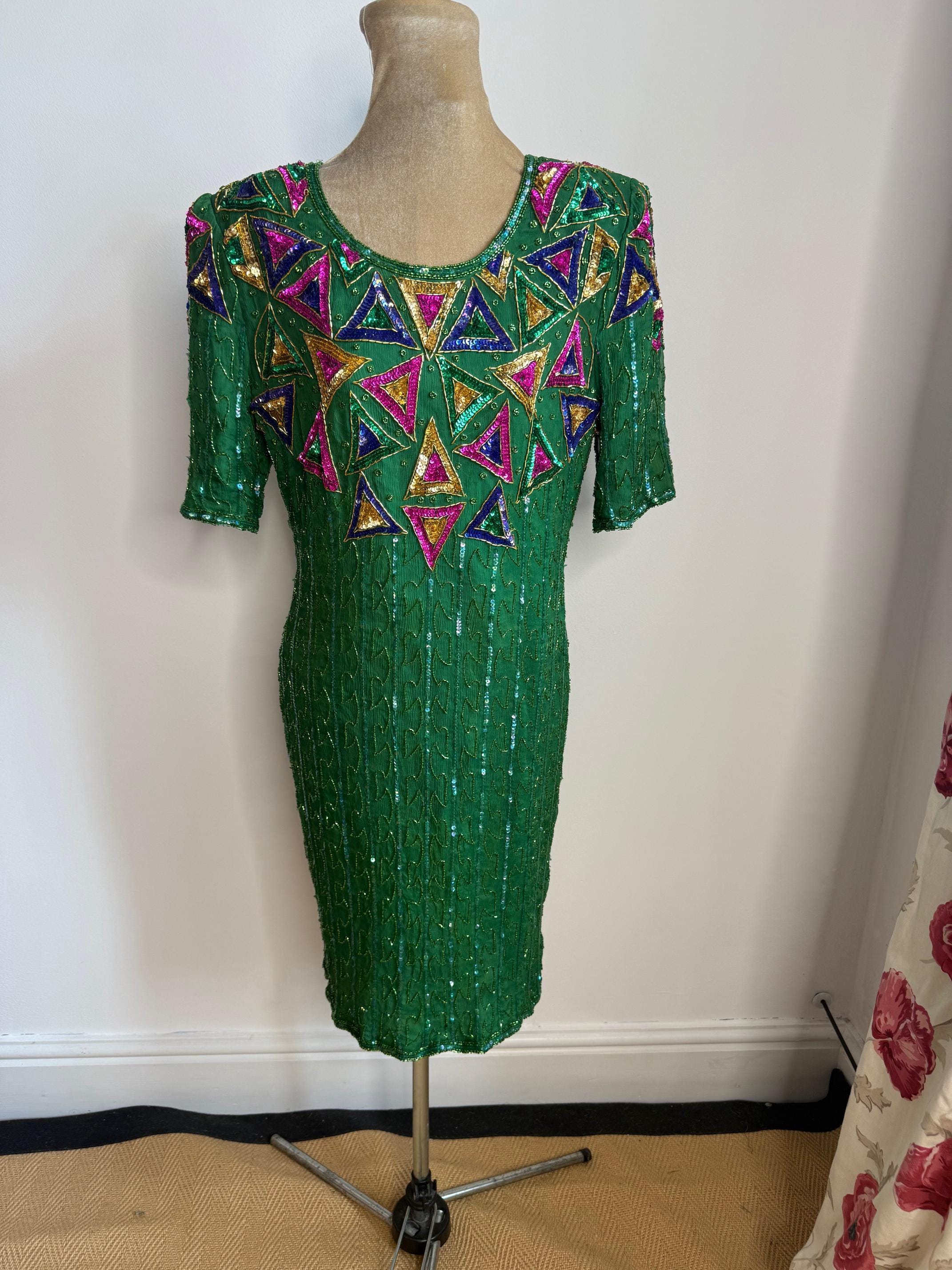 80's Renuka Green Beaded Dress, Silk Sequin Dress. UK 10 - Etsy