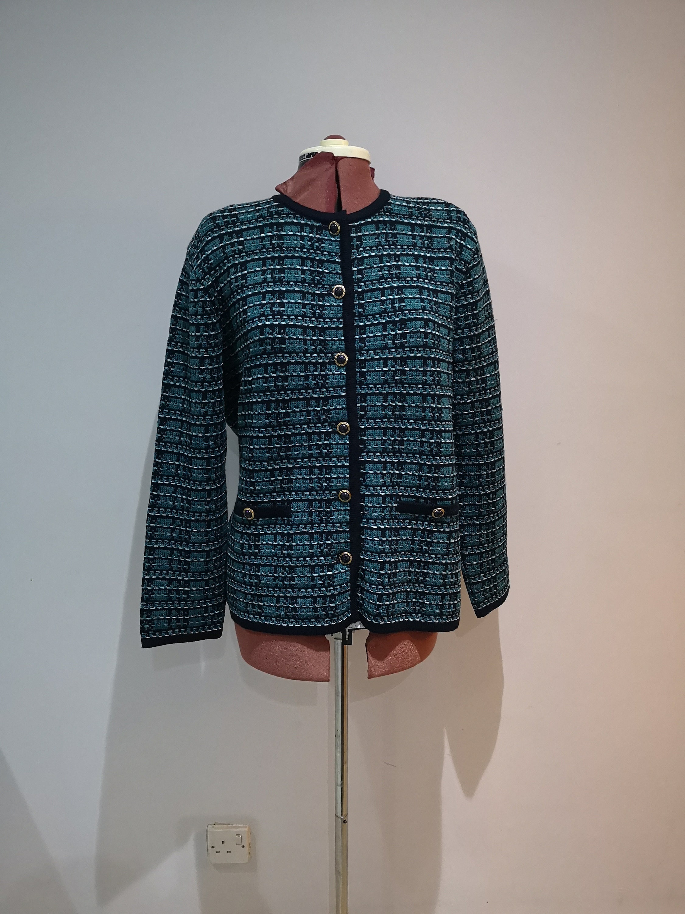Image of A Vintage 's Eastex Teal Cardigan, Knitted Wool Jacket. 's Sweater. Uk