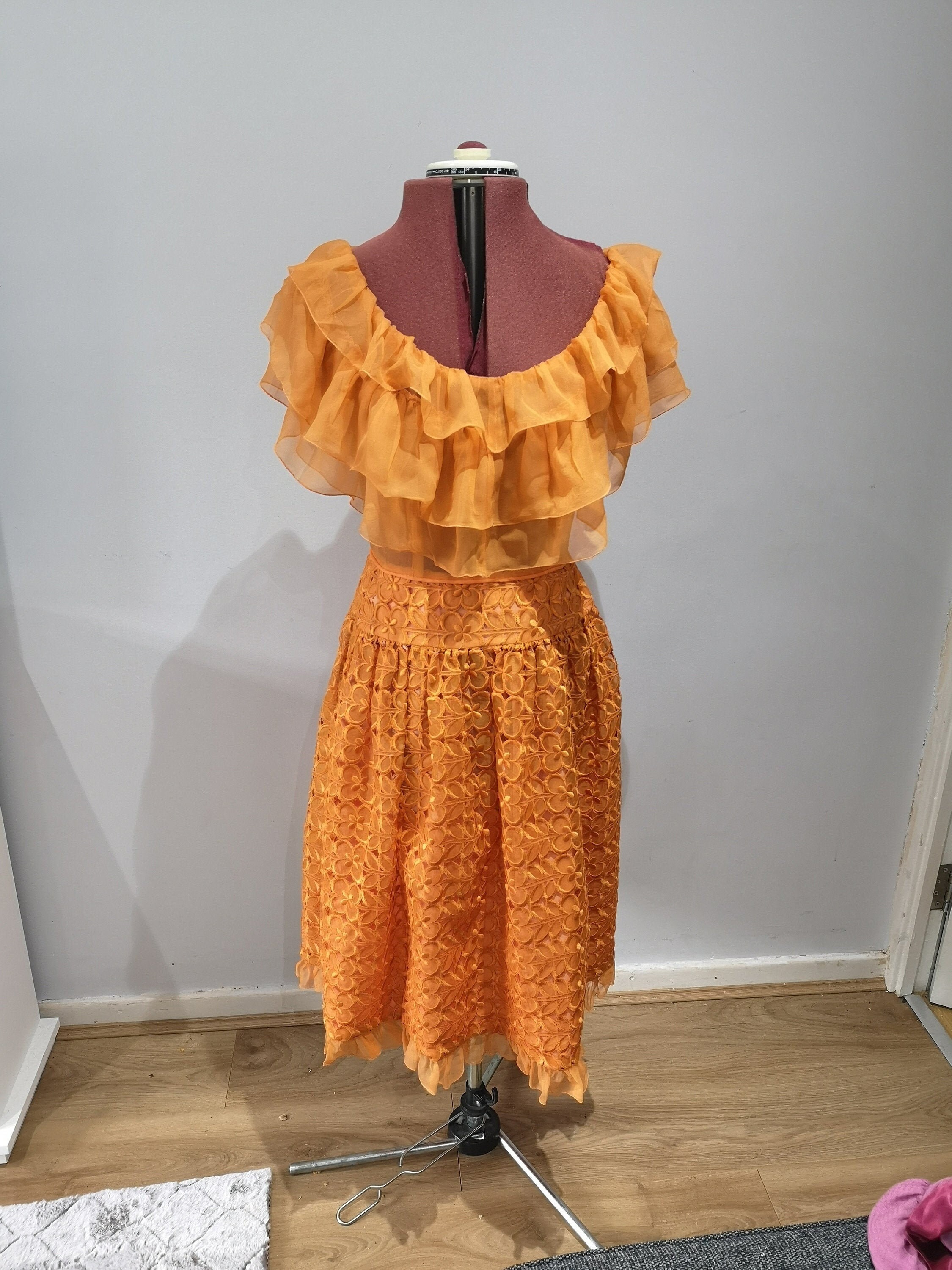 Image of A 's Vintage Orange Dress. Off The Shoulder Ruffle Bardot Dress With Embroiderie Anglaise, Prom Dress, Uk Size