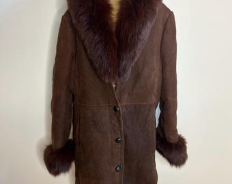 70’s brown sheepskin coat with fur collar and cuffs. UK 10
