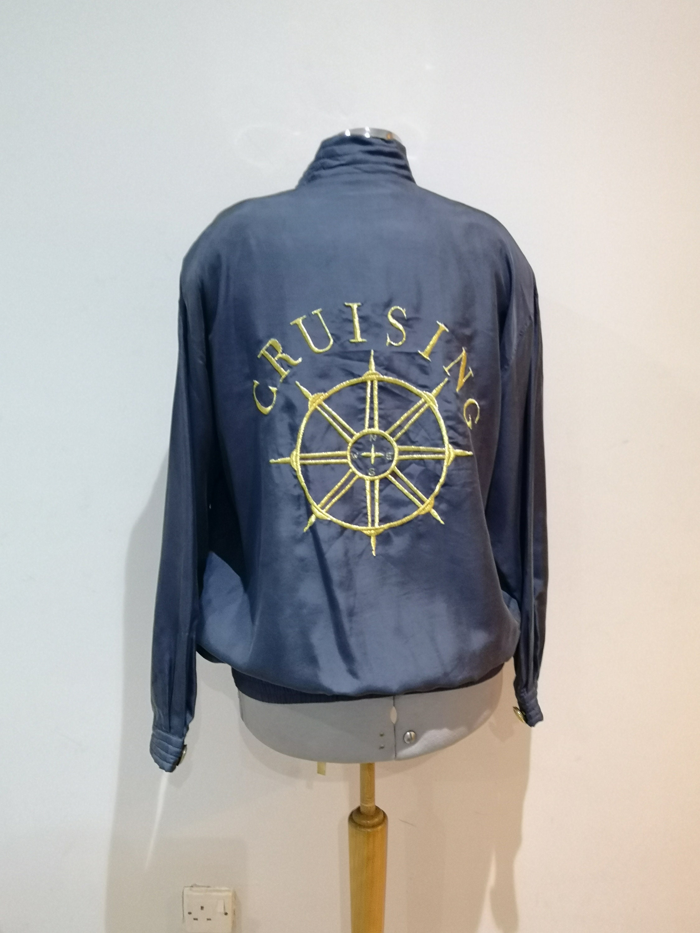 Image of A Vintage Blue Silk Nautical Bomber Jacket, Embroidered Shirt, Size Medium