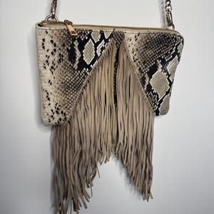 Vintage Topshop Fringed Snakeskin Handbag, Boho Tassel Handbag - Main Image
