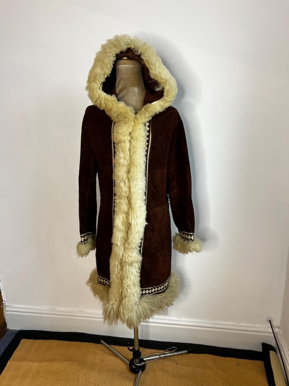 Vintage 60's or 70's Brown Suede Afghan Jacket, Hooded Penny Lane