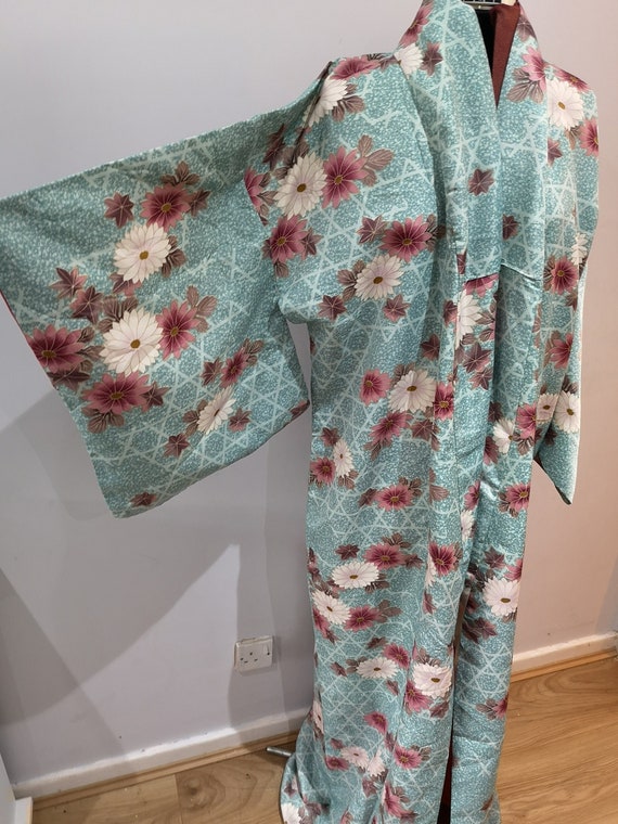 Vintage Japanese kimono, green floral print kimono