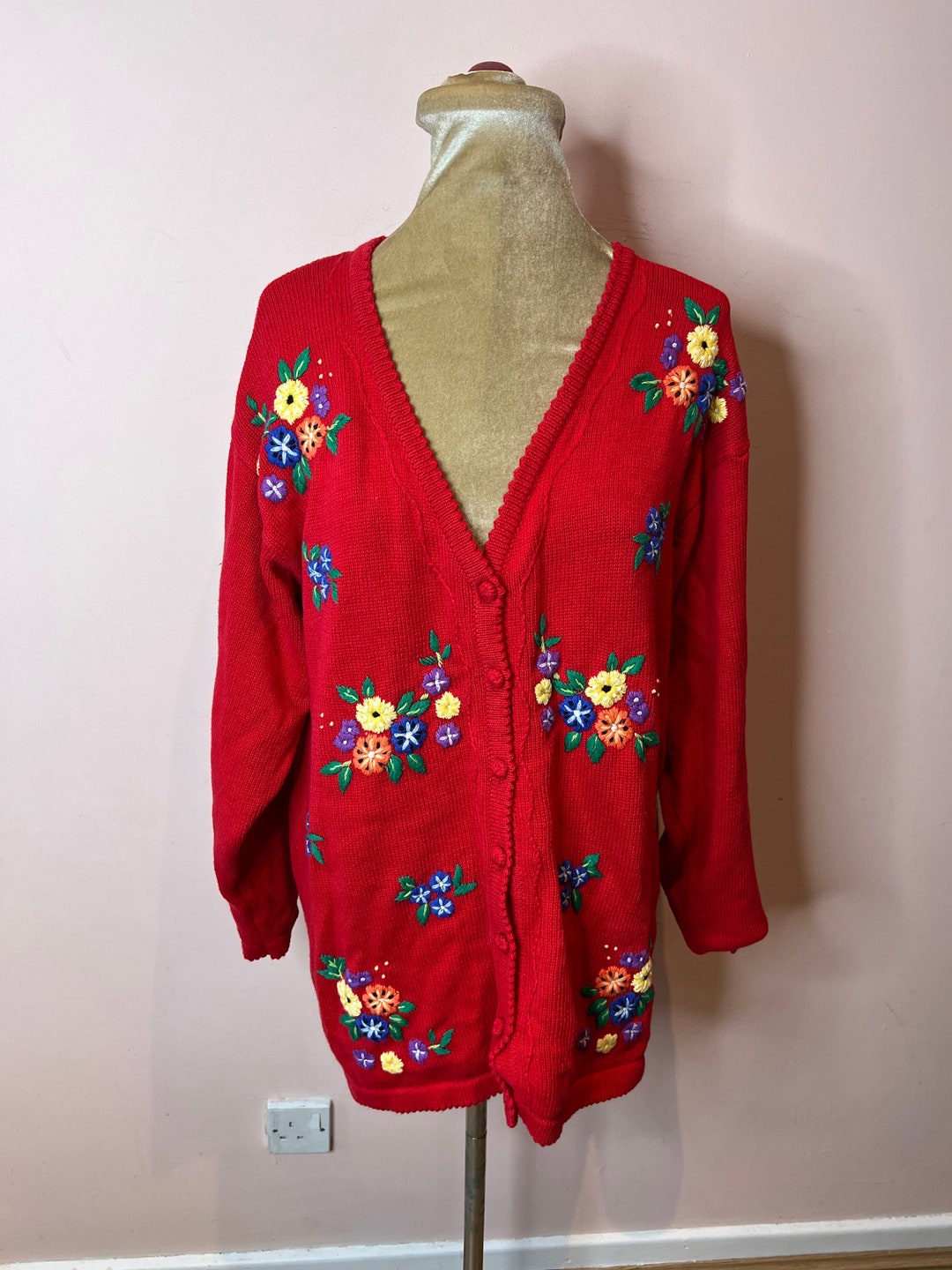 Vintage Tulchan Embroidered Cotton Cardigan Red Floral - Etsy