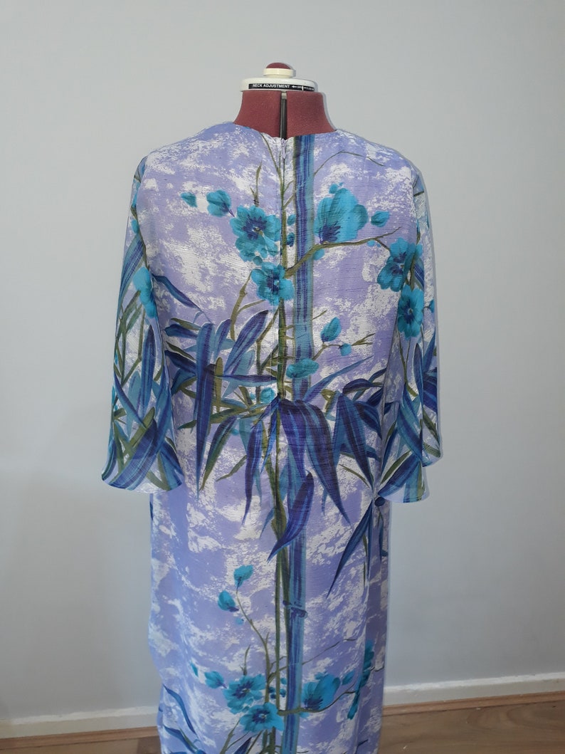 1960's Vintage dress maxi dress oriental dress oriental print bamboo print long shift dress blue dress 60's dress UK Size 14 image 6