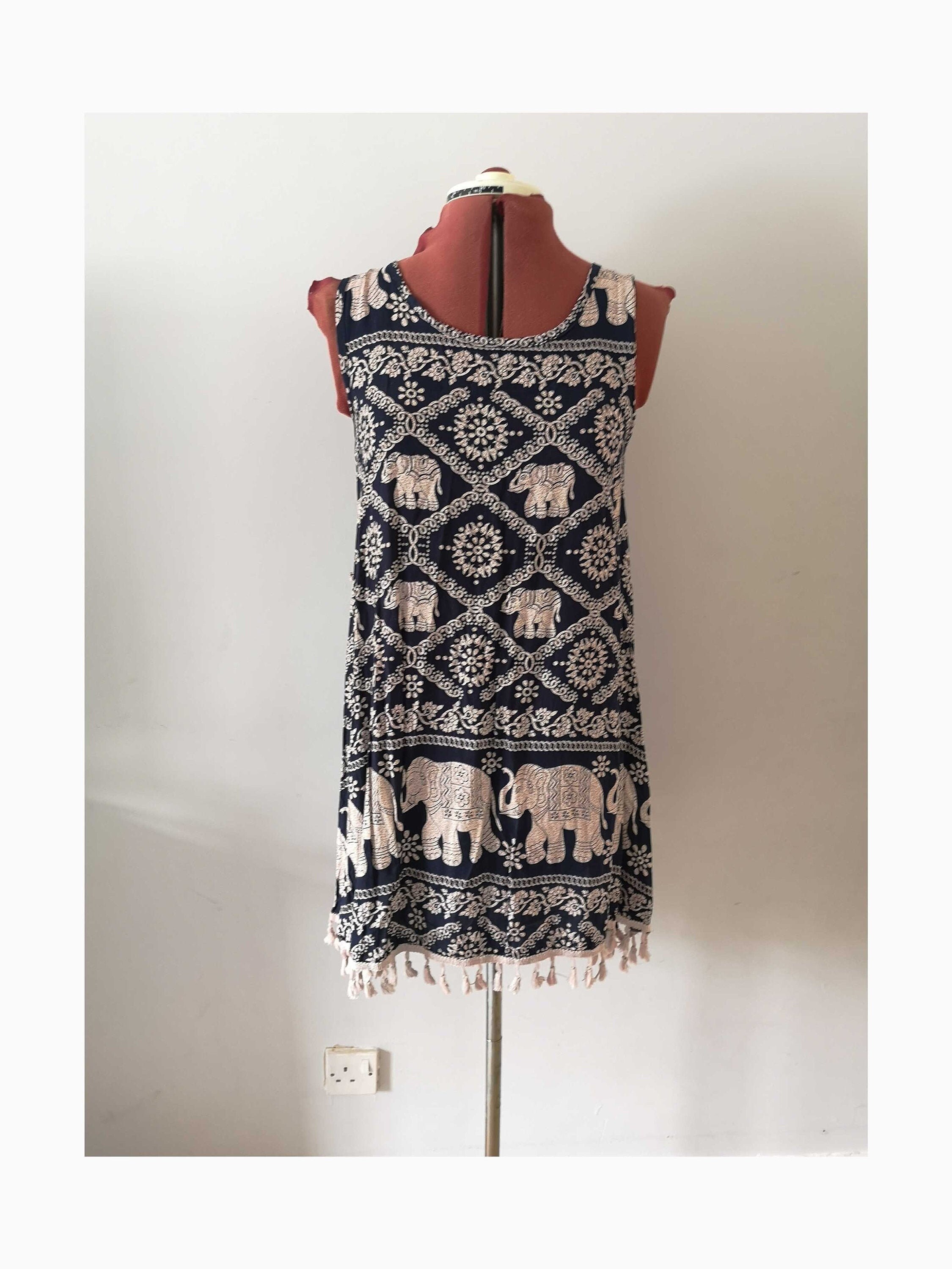 Image of Vintage 's Beach Dress With Tassels On The Hem, Elephant Print Dress, Boho Hippy Summer Holiday Vest Uk  -