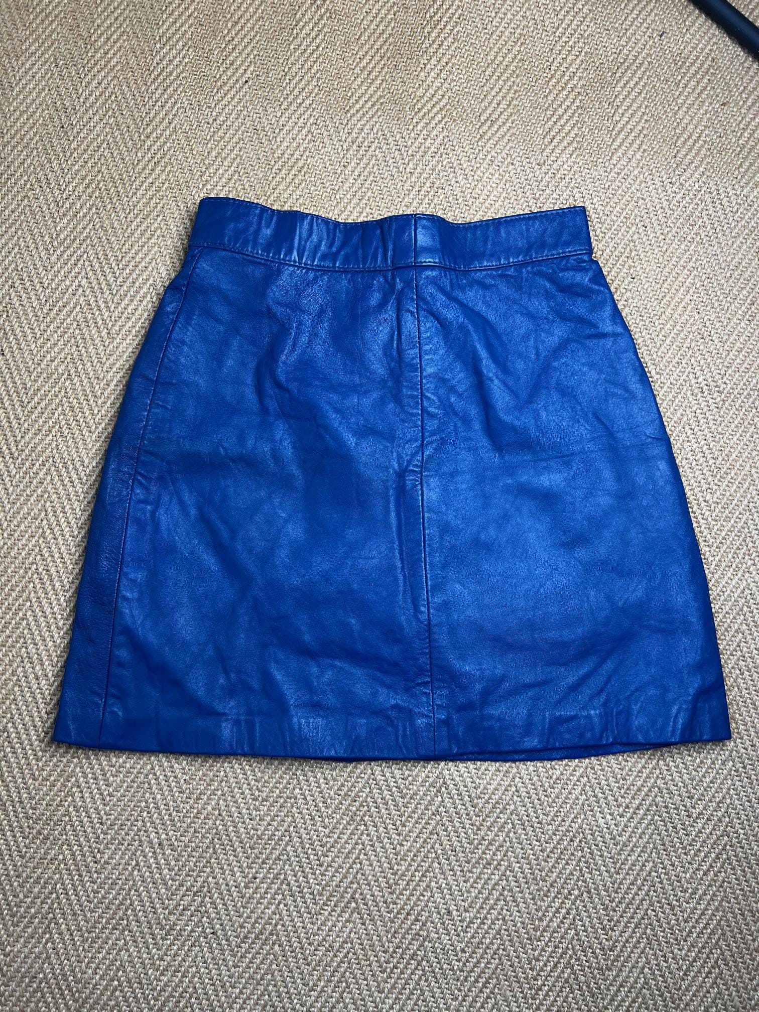 Blue leather mini skirt. UK 8