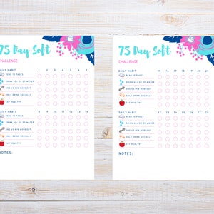 May include: A printable 75-day soft challenge tracker with a floral design. The tracker includes daily habits such as reading pages, drinking water, working out, and eating healthy. The tracker is divided into three sections, each with 7 days of the week.