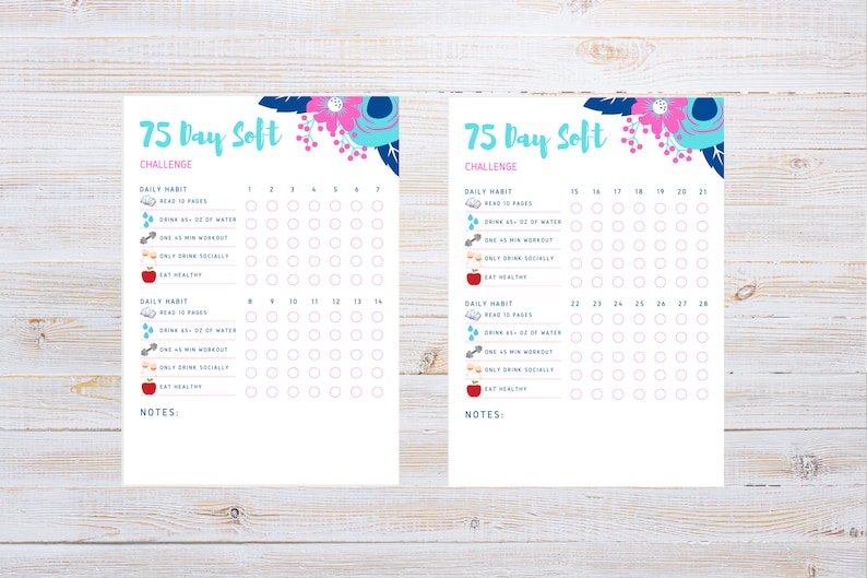 May include: A printable 75-day soft challenge tracker with a floral design. The tracker includes daily habits such as reading pages, drinking water, working out, and eating healthy. The tracker is divided into three sections, each with 7 days of the week.