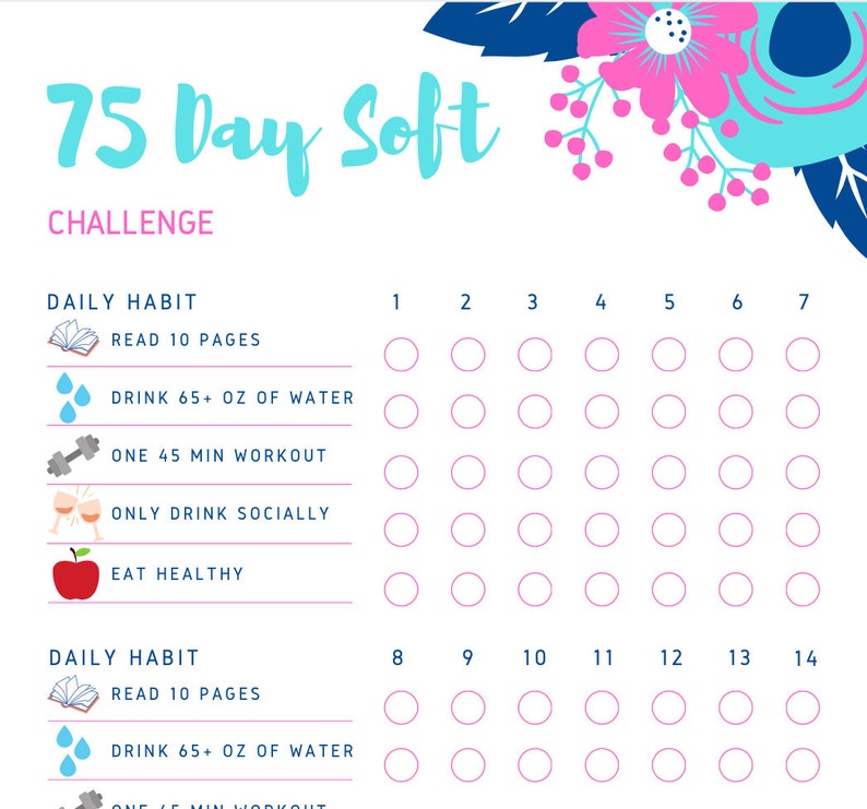 May include: A printable 75-day soft challenge tracker with a floral design. The tracker includes five daily habits: read 10 pages, drink 65+ ounces of water, one 45-minute workout, only drink socially, and eat healthy. The tracker is divided into two sections, with days 1-7 on the top and days 8-14 on the bottom.