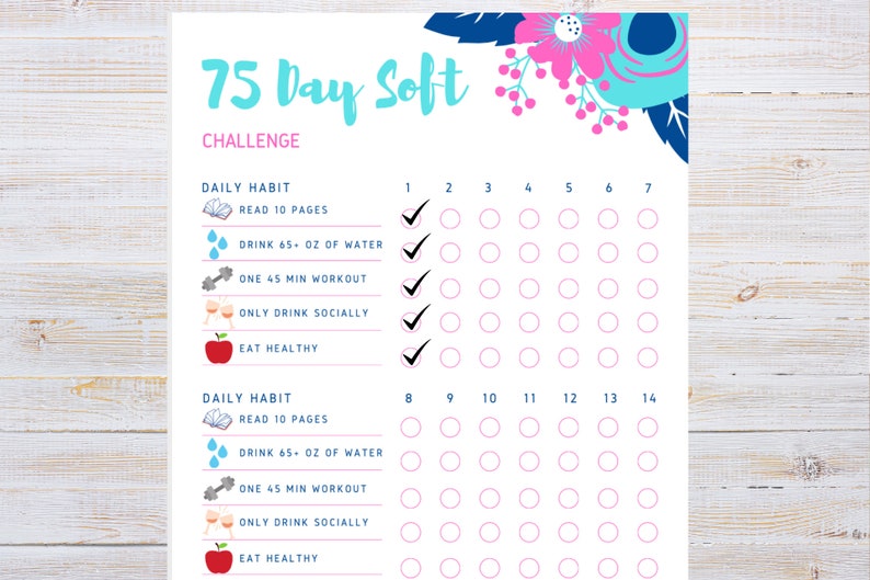 May include: A printable 75-day habit tracker with a floral design. The tracker includes five daily habits: read 10 pages, drink 65 ounces of water, one 45-minute workout, only drink socially, and eat healthy. The tracker is divided into two sections, with days 1-7 on the top and days 8-14 on the bottom.