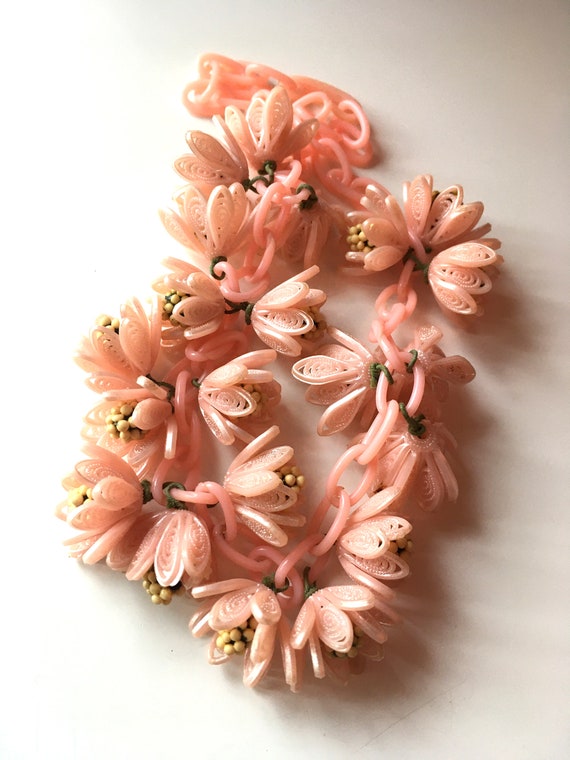 Vintage celluloid light pink peach retro flower c… - image 5