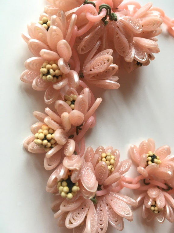 Vintage celluloid light pink peach retro flower c… - image 7