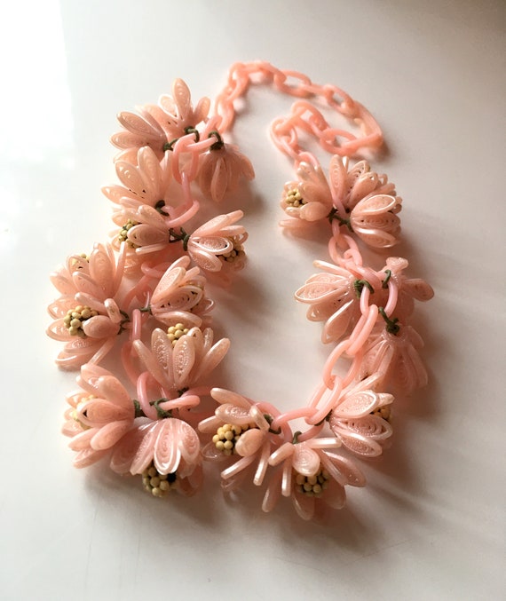 Vintage celluloid light pink peach retro flower c… - image 3
