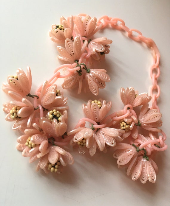 Vintage celluloid light pink peach retro flower c… - image 6