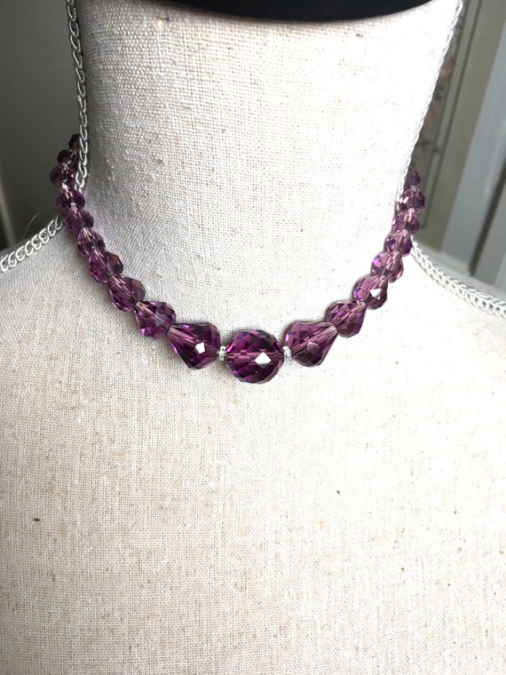 Vintage purple glass bead necklace for girl, Art … - image 3