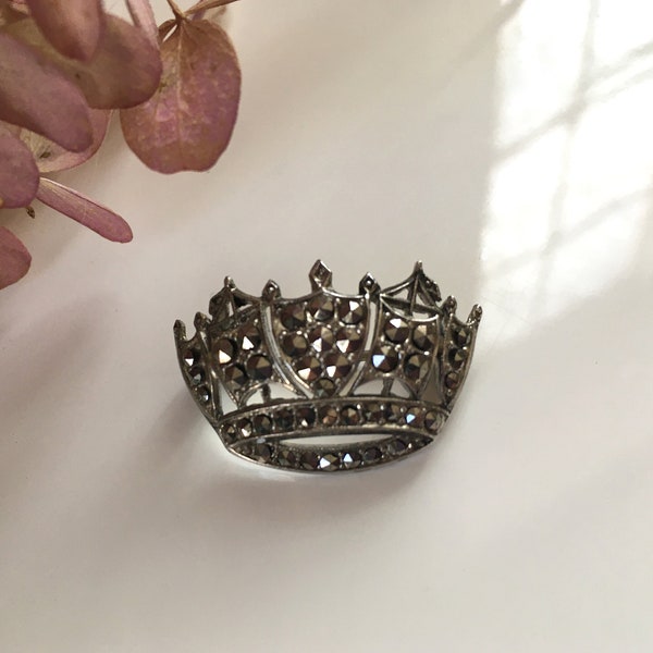 vintage midcentury Crown pin brooch marcasite sterling silver, figural, wedding, gift for her, gift for him, gift child, coronet, sparkly