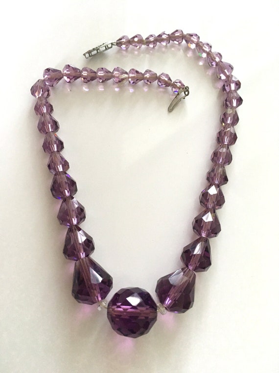 Vintage purple glass bead necklace for girl, Art … - image 1