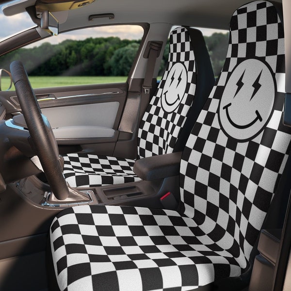 Retro black checkered smiley face car seat covers for vehicle, cute car decor, aesthetic car accessories, happy face, sweet 16 gifts for her