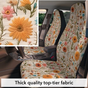 Faux embroidery summer wild flower car seat cover for vehicle for women boho, set of 2 front, high quality top-tier fabric, tear resistant