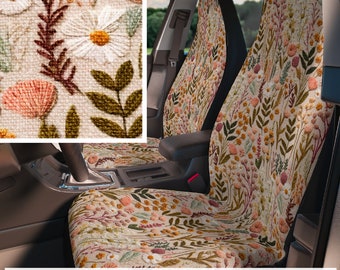 Faux embroidery print wild floral car seat covers, set of 2, cottagecore aesthetic floral embroidery for women, high quality top-tier fabric