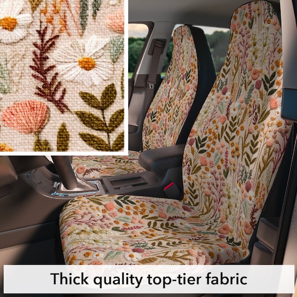 Fundas de asiento de coche con estampado de bordado sintético, juego de 2, bordado floral estético cottagecore para mujer, tela de primer nivel de alta calidad