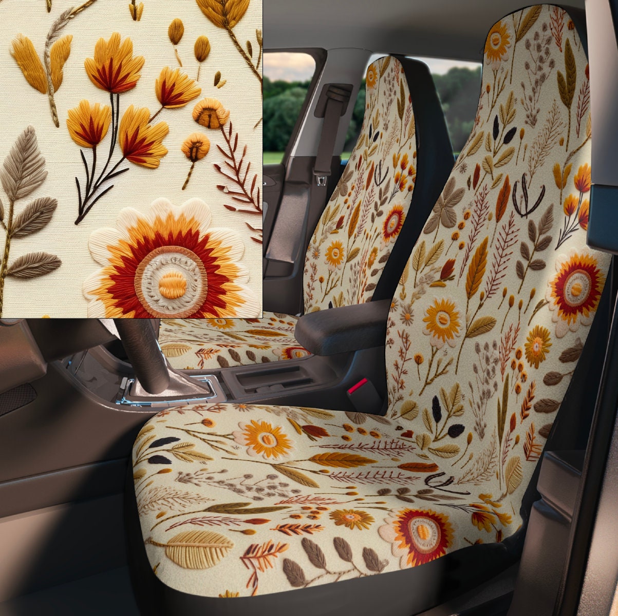 Faux Embroidery Print Wildflower Car Seat Covers for Vehicle, Cottagecore  Boho Floral, Cute Car Accessories for Women New Driver Gift 