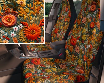 3d floral car seat covers, set of 2 front, faux embroidery, boho car decor, cottagecore, car accessories for women, quality top-tier fabric