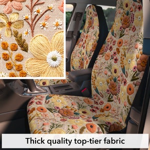 Faux embroidery print wildflower car seat covers for vehicle, cottagecore boho floral, cute car accessories for women new driver gift