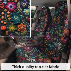 Cottage core boho floral car seat covers, set of 2 front, faux felt embroidery, cute car accessories for women gift, quality top-tier fabric