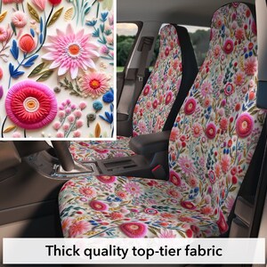 Pink summer floral car seat covers, set of 2 front, faux embroidery, cottagecore, cute car decor for women, car gift quality top-tier fabric