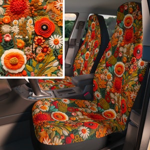 Boho floral car seat covers for vehicle, set of 2 front, seat covers for women, faux embroidery cottagecore car decor, new car driver gift