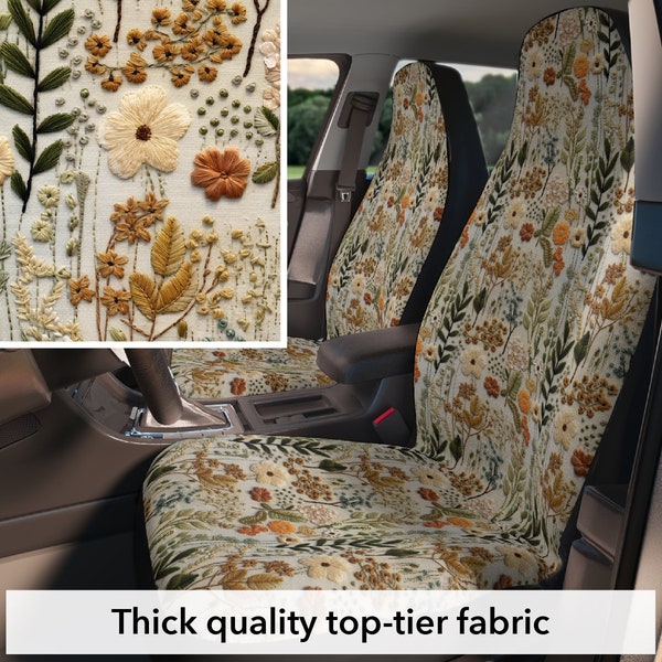 Boho floral print car seat covers for vehicle, set of 2 front, faux embroidery cottagecore aesthetic, interior car decor gift for women