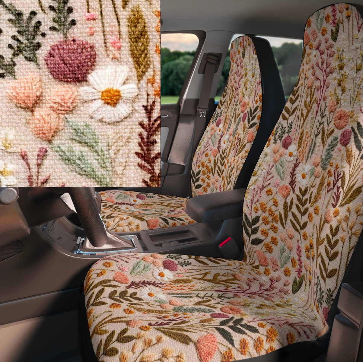 Faux Embroidery Print Wild Floral Car Seat Covers, Cottagecore Aesthetic  Floral Embroidery for Women, High Quality Top-tier Fabric -  Australia
