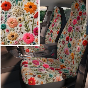 Faux embroidery boho wildflower car seat covers for vehicle, cottagecore aesthetic, car accessories for women, quality top-tier fabric