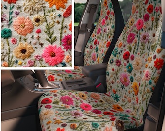 Faux embroidery boho wildflower car seat covers for vehicle, cottagecore aesthetic, car accessories for women, quality top-tier fabric