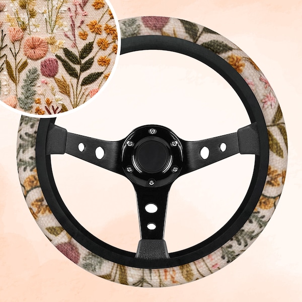 Faux embroidery print wildflower car steering wheel cover for women, car wheel cover cute, floral car wheel cover, aesthetic car decor, gift