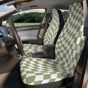 Green wavy checker pattern car seat cover for vehicle, cute car accessories for women checkered pattern seat covers for car, new driver gift