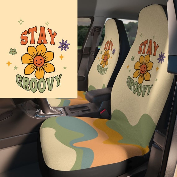 Stay Groovy Flower Car Seat Covers for Vehicle Set of 2 Front, Psychedelic  Car Decor, Boho Cute Aesthetic, Retro Wavy Girl Car Accessories 