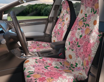 Pink boho retro floral car seat covers for vehicle, set of 2 front interior car accessories for woman, girly car seat covers new driver gift