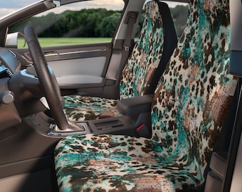 Western cowhide turquoise car seat covers for vehicle, set of 2 front, grunge cow skin print car accessories for women, sweet 16 gifts